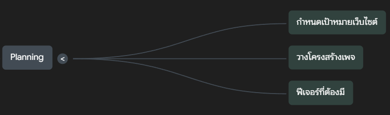 แผนผังขั้นตอนวางแผนเว็บไซต์ เช่น กำหนดเป้าหมาย วางโครงสร้าง และฟีเจอร์ สำหรับจ้างฟรีแลนซ์ทำเว็บไซต์