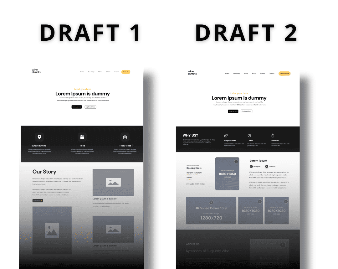 ภาพตัวอย่าง Draft 1 และ Draft 2 ของ Design เว็บไซต์ Wine Climats แสดงการออกแบบเว็บไซต์ส่วนหัว เนื้อหา ฟีเจอร์ — Design เว็บไซต์ ออกแบบเว็บไซต์