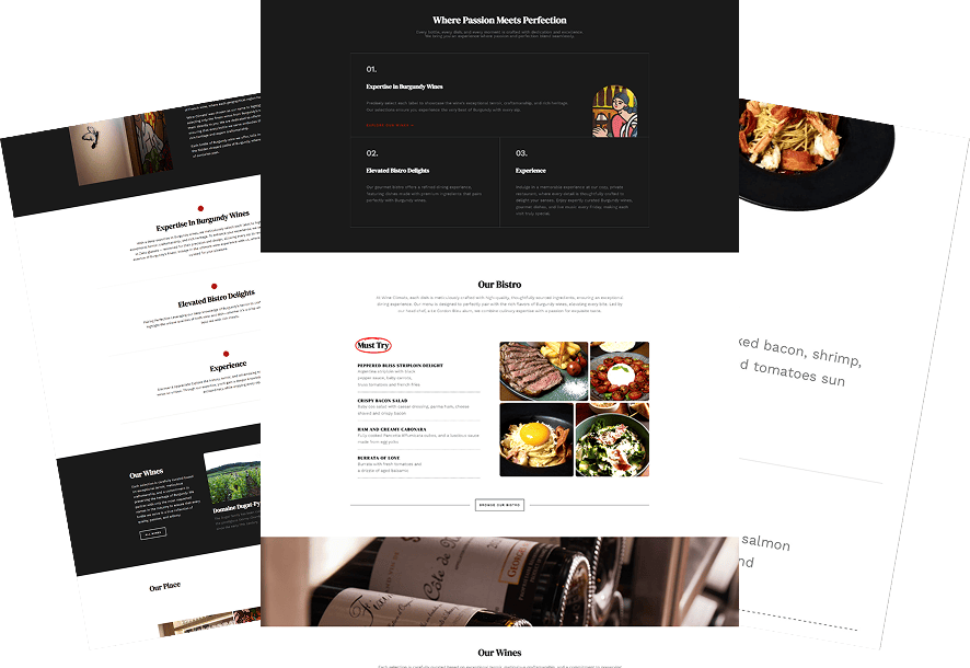 ภาพตัวอย่างส่วนต่างๆ ของหน้าเว็บไซต์ Wine Climats แสดงหัวข้อ Where Passion Meets Perfection, ส่วน Our Bistro พร้อมเมนูและภาพอาหาร, และส่วน Our Wines — Design เว็บไซต์ ออกแบบเว็บไซต์