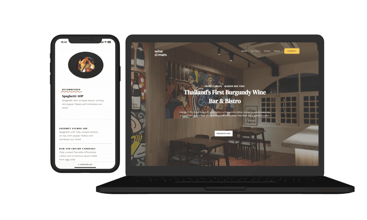 Mockup ตัวอย่างผลงานเว็บไซต์บริษัทร้าน Wine Climats แบบ Desktop และ Mobile พื้นหลังโปร่งใส