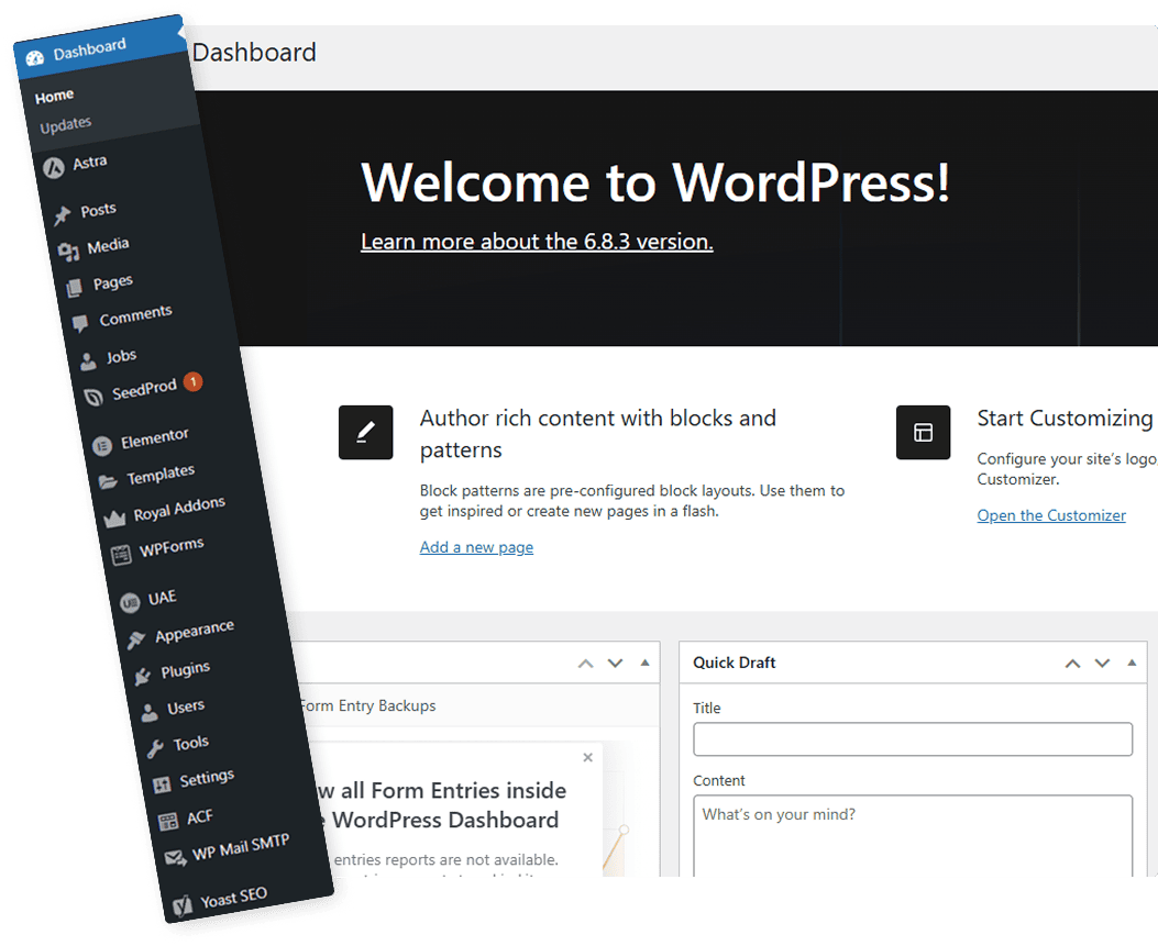 WordPress Admin Dashboard แสดงเมนูจัดการเว็บไซต์ Posts, Pages, Plugins รวมถึง Yoast SEO, Elementor และ WPForms สำหรับการบริหารเว็บไซต์