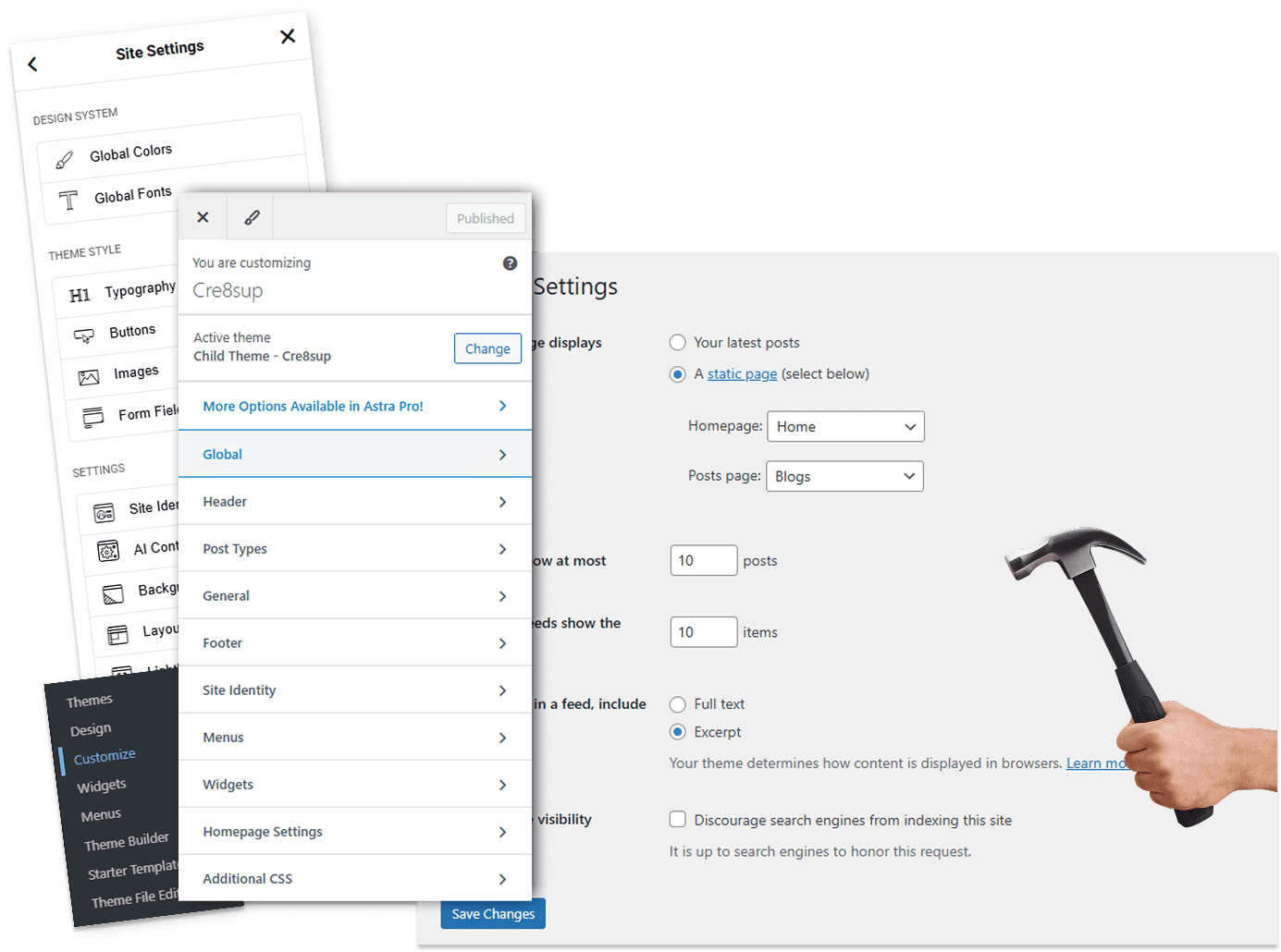 WordPress Site Settings และ Customizer แสดงการตั้งค่าธีม Astra รวมถึงการปรับแต่ง Typography, Colors, Header และ Footer ของเว็บไซต์