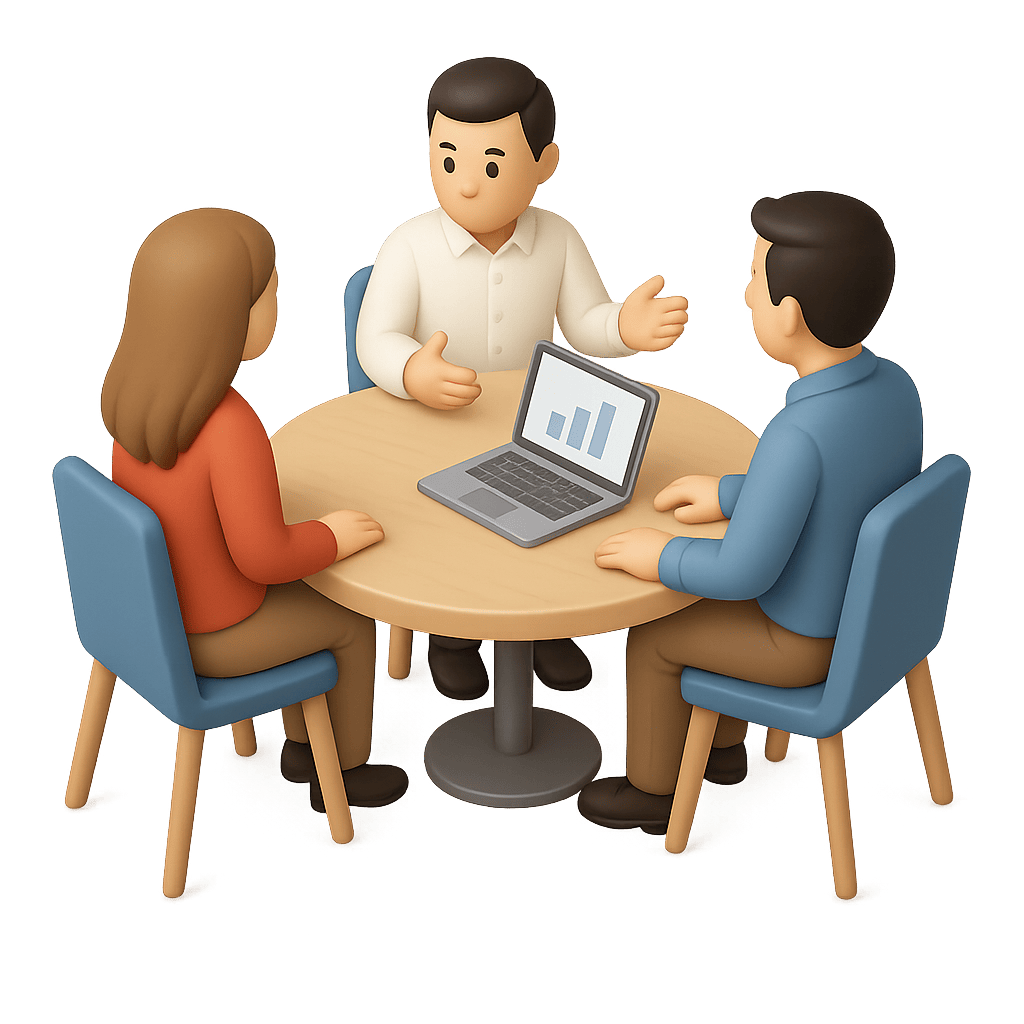 ภาพประกอบ 3D แสดงการประชุม 3 คน นั่งรอบโต๊ะกลม มีแล็ปท็อปแสดงกราฟข้อมูล สื่อถึงการปรึกษาและนำเสนอโปรเจกต์เว็บไซต์อย่างเป็นมืออาชีพ